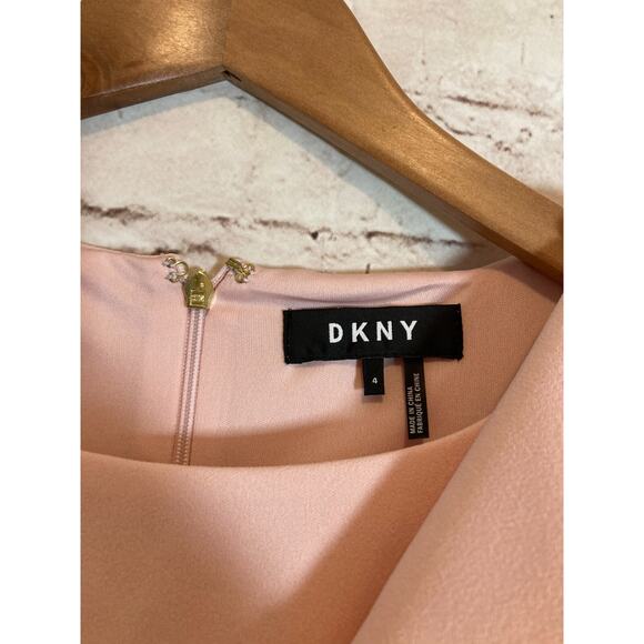 DKNY Midi Dress Womens 4 Pink & Black Colorblock Ruffle Shoulder Sheath Career - Picture 5 of 15